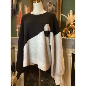 Flat White Womens Black White Colorblock Lantern Sleeve Knit Sweater Size L